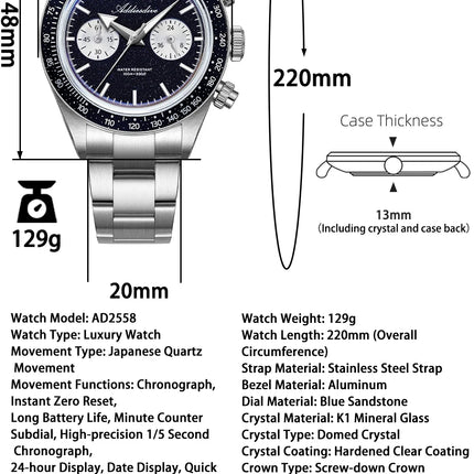 ADDIESDIVE New Quartz Watch Luxury VK64 Chronograph Men Wristwatches BGW9 Luminous Diving 100m Waterproof 316L Stainless Steel