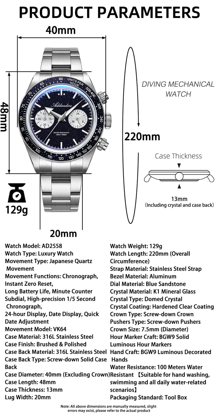 ADDIESDIVE New Quartz Watch Luxury VK64 Chronograph Men Wristwatches BGW9 Luminous Diving 100m Waterproof 316L Stainless Steel