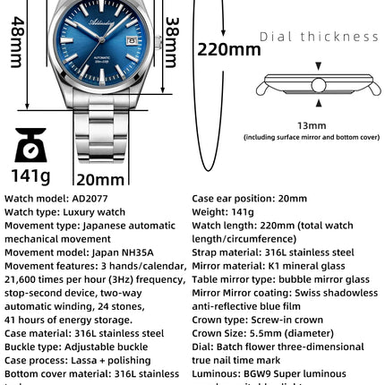 ADDIESDIVE Men's Automatic Mechanical Watch 316L Stainless Steel Luminous with Calendar 100M Waterproof Men's Wristwatch