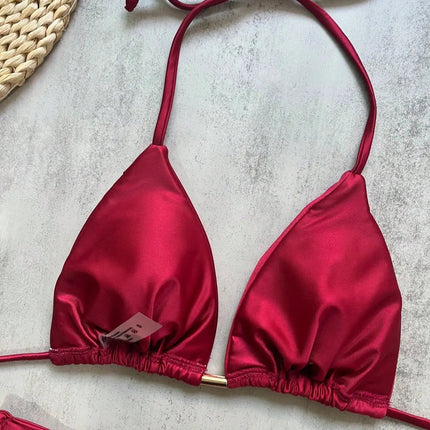 2026 Sexy Bikini a Pieghe Tinta Unita Micro Bikini Donna Costume da Bagno Femminile Triangolare Abbigliamento da Spiaggia platinumshop