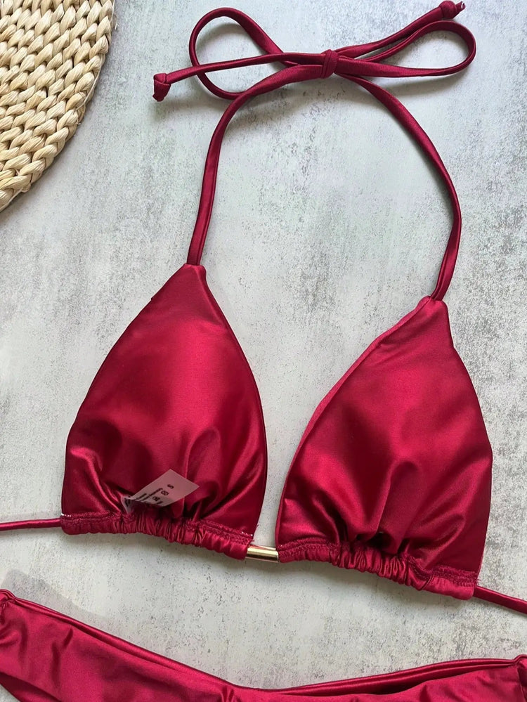 2026 Sexy Bikini a Pieghe Tinta Unita Micro Bikini Donna Costume da Bagno Femminile Triangolare Abbigliamento da Spiaggia platinumshop