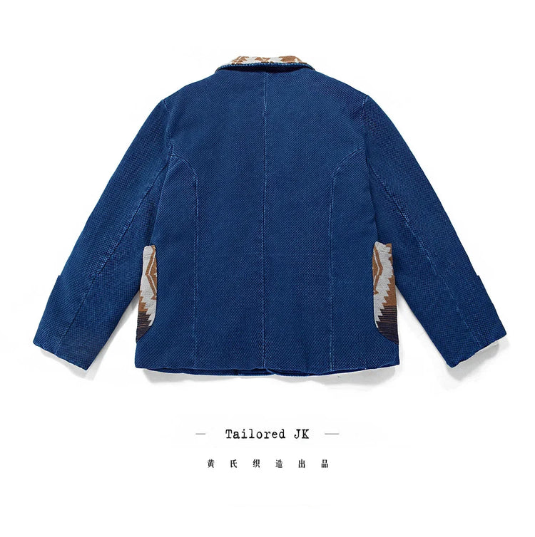 Men's Indigo Multi Pockets Jacket French Retro Blue Dye Lapel Thick Workwear Tooling Cardigan Coat plus Size for Autumn Winter