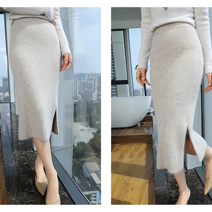 100% Pure Mink Cashmere One-Step Skirts Women's Elastic Waist Split Knitted Long Skirt Bag Hip Joker Straight Skirt Warm A Skirt PlatiNum