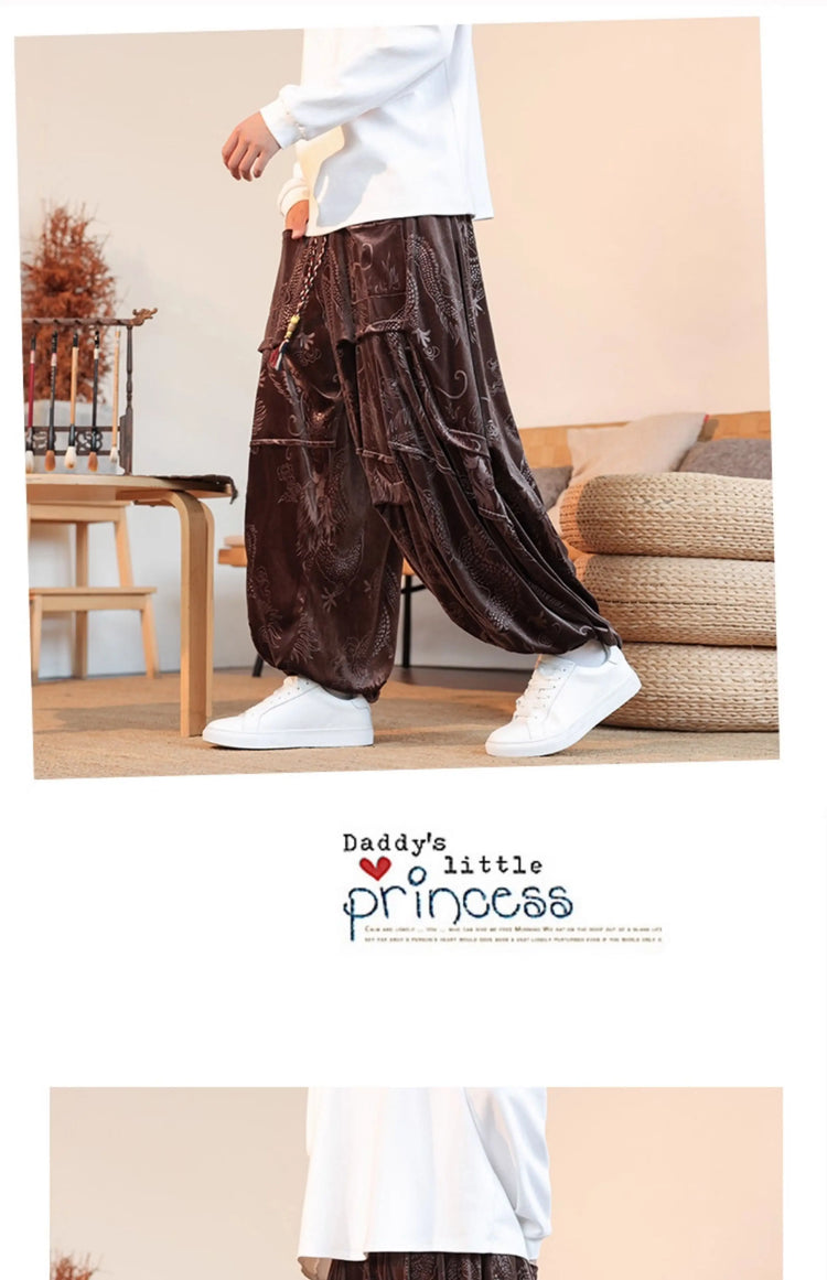 Pantaloni di velluto da uomo autunno inverno retrò drago stampa pantaloni larghi da uomo stile cinese pantaloni casual a gamba larga per uomo taglie forti 5XL