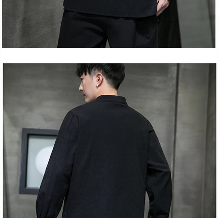 Camicie di lino in cotone Stile cinese Abito tradizionale retrò Tang Top da uomo Kung Fu Tai Chi Camicie casual a maniche lunghe in tinta unita da uomo