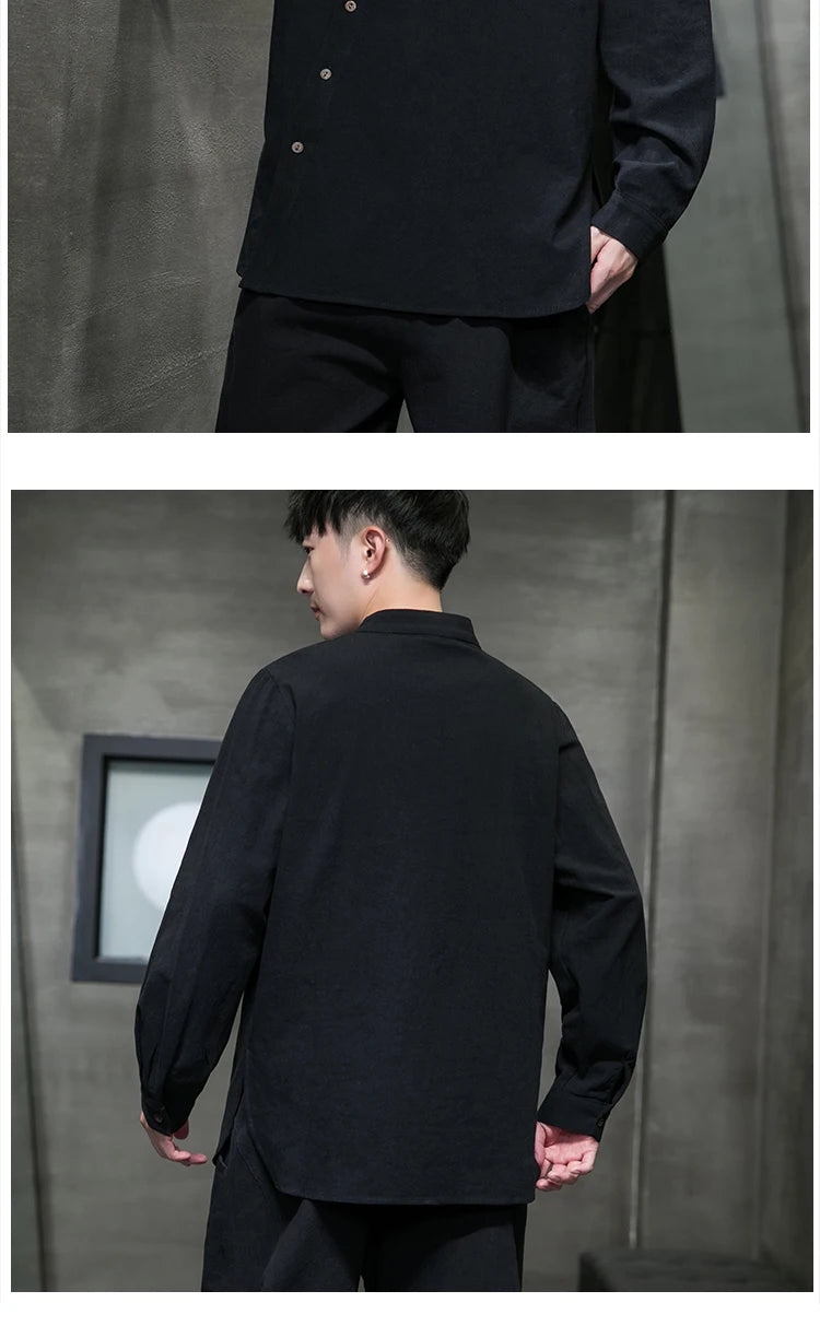 Camicie di lino in cotone Stile cinese Abito tradizionale retrò Tang Top da uomo Kung Fu Tai Chi Camicie casual a maniche lunghe in tinta unita da uomo
