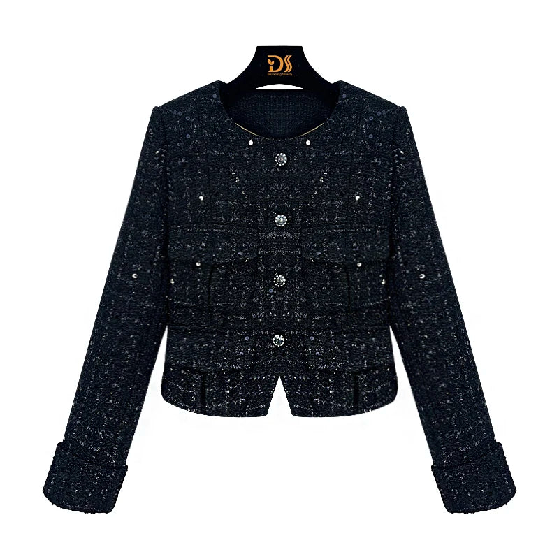 2025 Fashion Elegant Round Neck Single Bretted Light Luxury Celebrity Heavy Industry Sequin High-end Tweed Braided Jacket