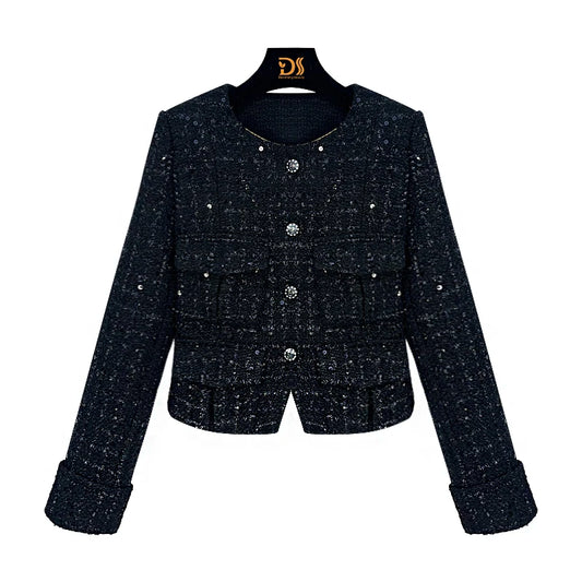 2025 Fashion Elegant Round Neck Single Bretted Light Luxury Celebrity Heavy Industry Sequin High-end Tweed Braided Jacket