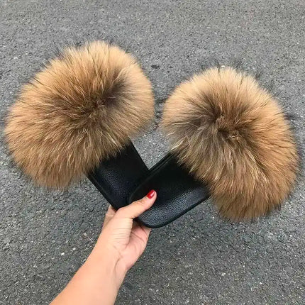 Real Raccoon Fur Slippers for Women 2023 Summer Fluffy Indoor Home Fuzzy Flat Slides Outdoor Fashion Beach Sandals Flip Flops