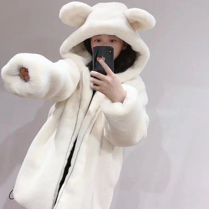 Cosy Loose Faux Fur Coat Womens Faux Fur Fuzzy Hooded Fluffy Ears Surcoat Overcoat Woman Winter Warm Outerwear Snowy Day Wrap