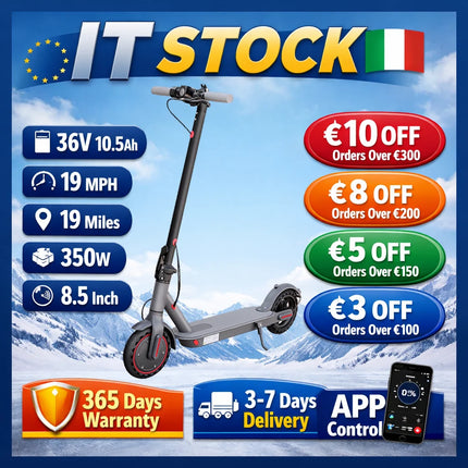 Monopattino Elettrico Pieghevole IT Warehouse NUOVO con Motore Potente da 350W, Velocità Massima 30KM/h, Autonomia 30KM, Batteria 36V 10.5Ah, Pneumatici Antiscivolo Antiesplosione da 8.5 Pollici, Controllo Smart tramite APP,