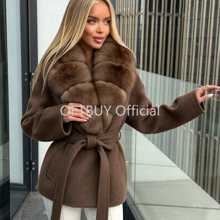 OFTBUY Women 100% Wool Short Coat Real Fox Fur Collar Woolen Jacket New Luxury Winter Natural Fur Clothes Warm Belted Outerwear