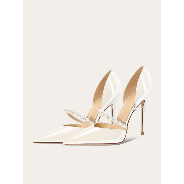 Women's High Heels Pointed Toe French White Satin Wedding Shoes with Rhinestone and Pearl Strap