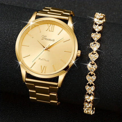 2 pezzi/set orologio al quarzo moda dorato orologio da polso e braccialetto minimalista con cinturino in acciaio, regali per le donne platinumshop