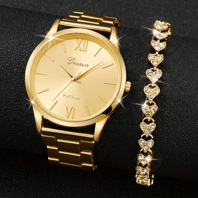 2 pezzi/set orologio al quarzo moda dorato orologio da polso e braccialetto minimalista con cinturino in acciaio, regali per le donne platinumshop