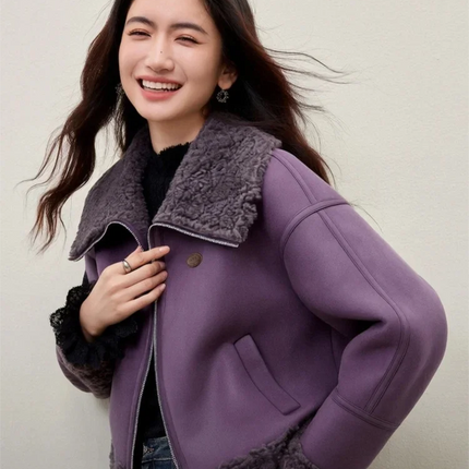 SENTUBILA Women's Faux Suede Coat Plush Lapel Zipper Faux Leather Cropped Jacket 2026 Winter Retro Ladies Outerwear W54PD5913