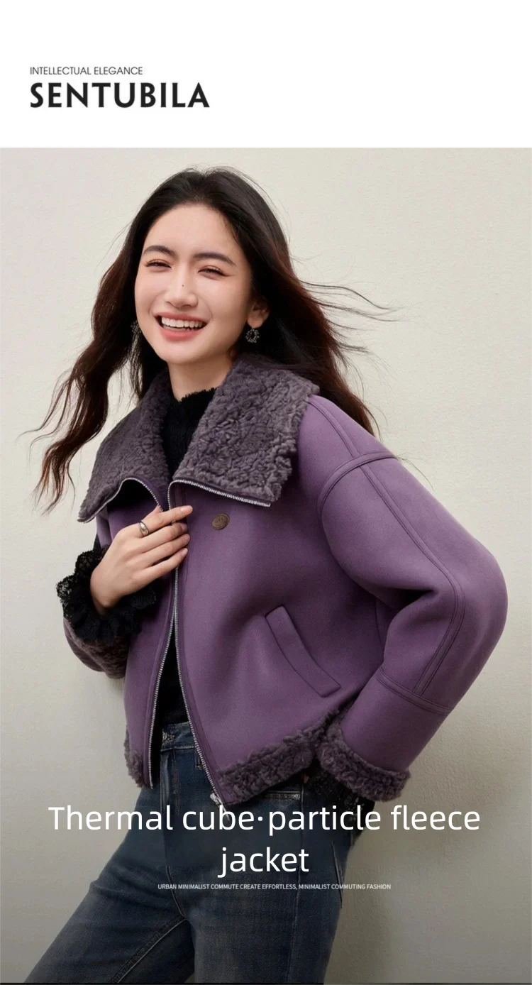 SENTUBILA Women's Faux Suede Coat Plush Lapel Zipper Faux Leather Cropped Jacket 2026 Winter Retro Ladies Outerwear W54PD5913