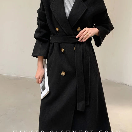 Ladies' 100% Cashmere Thick Double-Sided Extended Coat, Classic, Versatile and Fashionable for Business and Leisure