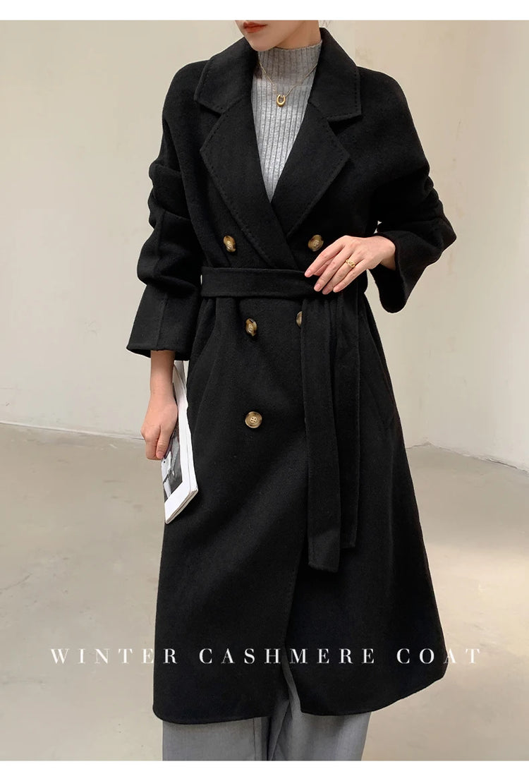 Ladies' 100% Cashmere Thick Double-Sided Extended Coat, Classic, Versatile and Fashionable for Business and Leisure