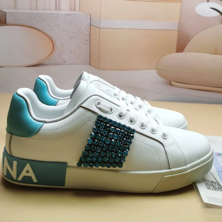 Luxury Rhinestone Sneakers Designer Unisex White Leather Thick Sole Casual Shoes Brand Ladies Outdoor Platform Trainers Flats