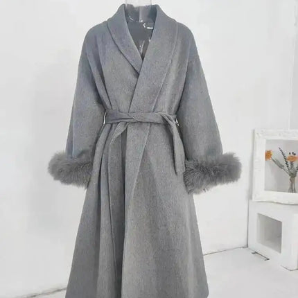 UCXQ Elegant Woolen Coat Temperament Office Lady Overcoats Fur Patchwork Long Sleeve Beautiful Women's Coats 2025 Winter New