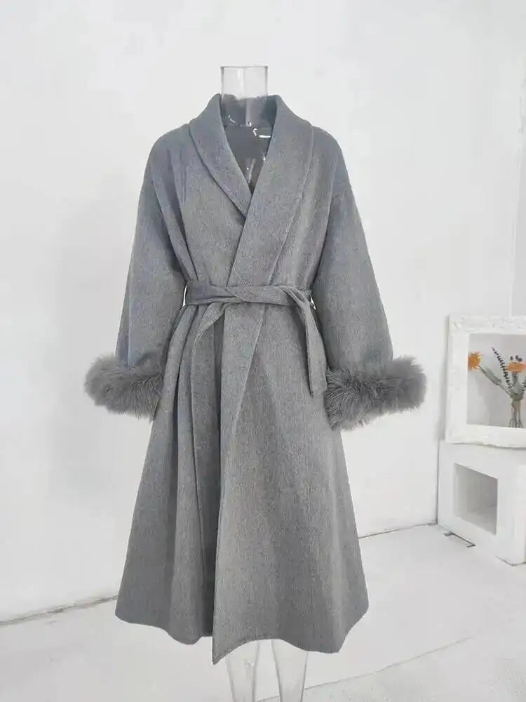 UCXQ Elegant Woolen Coat Temperament Office Lady Overcoats Fur Patchwork Long Sleeve Beautiful Women's Coats 2025 Winter New