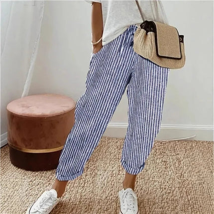 Pantaloni casual con coulisse in vita elastica stampata a righe larghe alla moda da donna europea e americana transfrontaliera estiva platinumshop