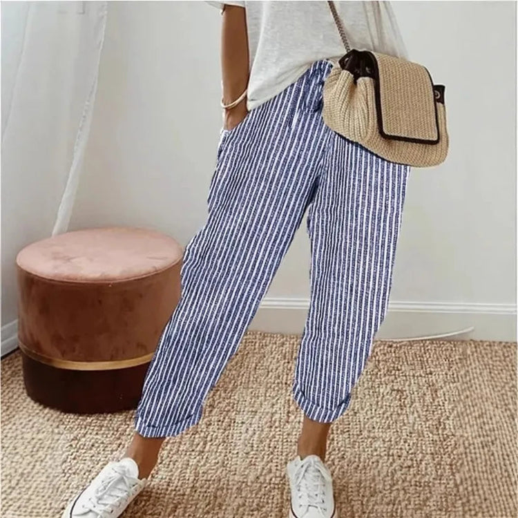 Pantaloni casual con coulisse in vita elastica stampata a righe larghe alla moda da donna europea e americana transfrontaliera estiva platinumshop