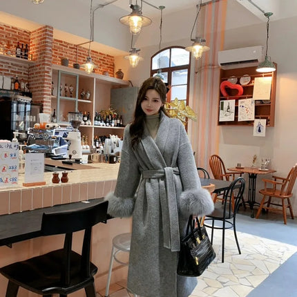 Lace Up Lapel Cashmere Wool Coat For Women's Winter Fashion Female Woolen Jackets Fur Long Sleeve Loose Overcoats