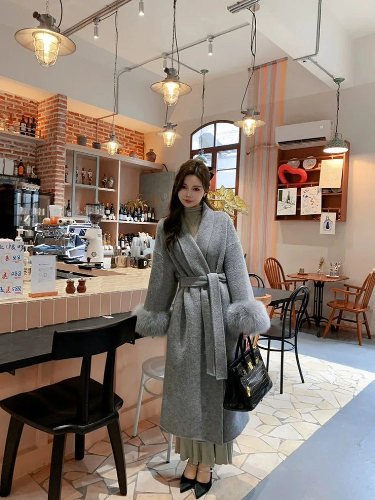 Lace Up Lapel Cashmere Wool Coat For Women's Winter Fashion Female Woolen Jackets Fur Long Sleeve Loose Overcoats