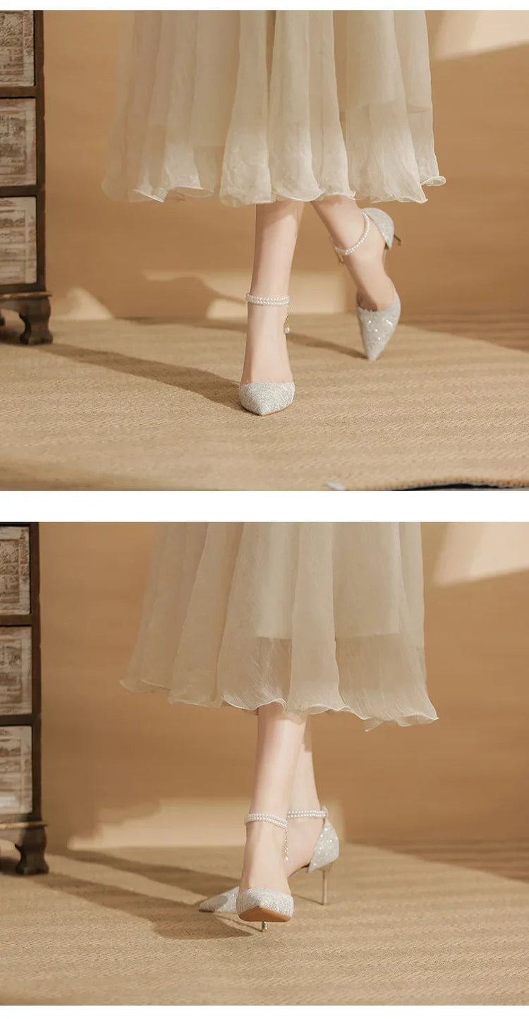 Size 31-43 Women High Heels Stiletto Heel Summer Lace Mesh Sweet Gold Silver Wedding Shoes PlatiNum