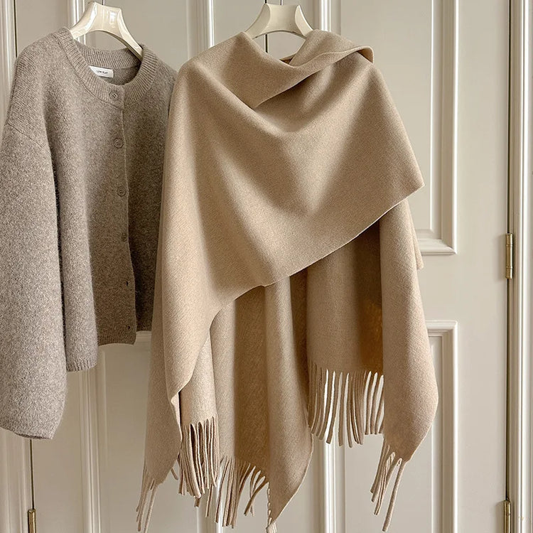Women Split‑Open Woolen Tassel Poncho Shawl Thick Warm Cape Coat Autumn Winter Travel Photography Outer Wrap