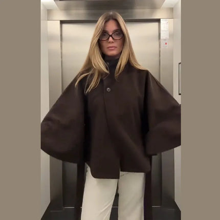 Elegant Women's Belt Short Woolen Coats Loose Stand Collar Single-breasted Long Sleeve Jacket 2026 Autumn Lady Commute Outwear