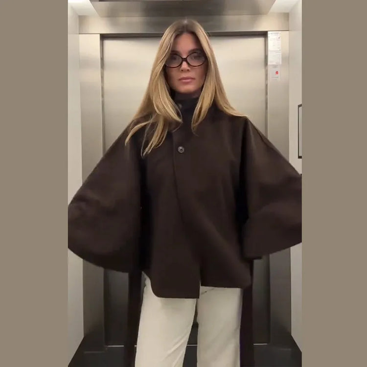 Elegant Women's Belt Short Woolen Coats Loose Stand Collar Single-breasted Long Sleeve Jacket 2026 Autumn Lady Commute Outwear