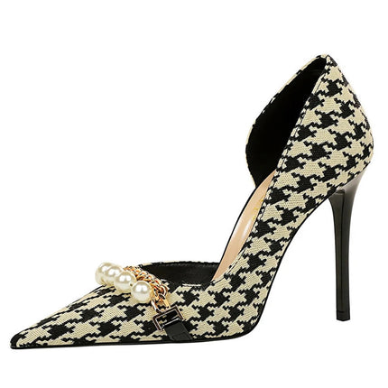 BIGTREE Scarpe 2026 Primavera Donna Pompe Catena di metallo perlato Tacchi alti Grana a quadri Tacchi a spillo Tacchi da donna Scarpe da banchetto di lusso 43 platinumshop
