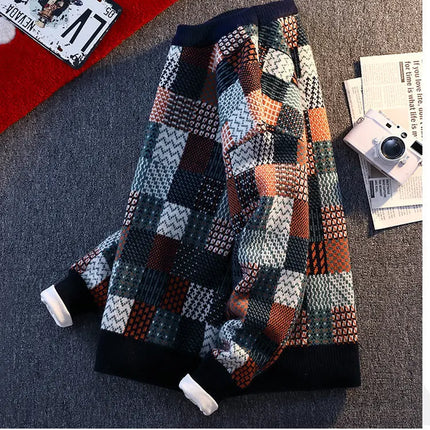 New Fashion Men Plaid Pullover Winter Sweaters Outwear Loose Casual Knitted Sweaters Male O-neck Pullovers Sweatercoats Size 4XL