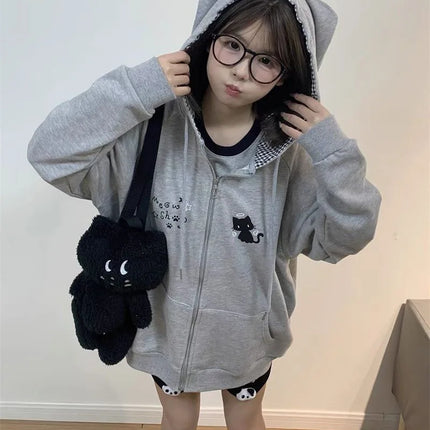 Ropa Mujer Japanese Cute Hoodies Coats Cute Cat Print Hooded Sweatshirts Y2K Tops Women Clothing Casual Zipper Loose Hoodie