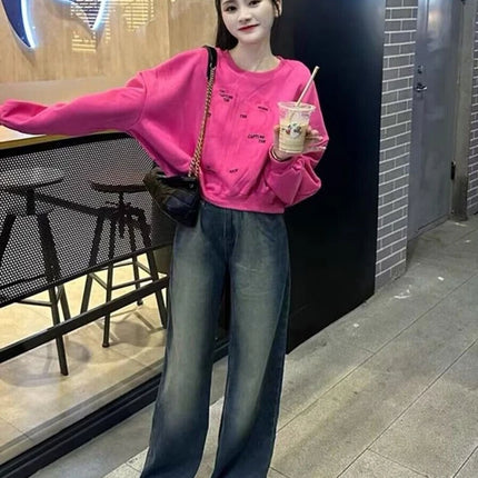 Women Letter Print Sweatshirt Hot Pink Batwing Sleeve Cropped Hoodie Loose Pullover Cute Fall Winter Streetwear 2026 New