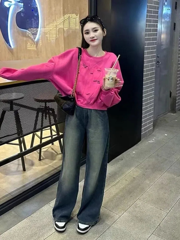 Women Letter Print Sweatshirt Hot Pink Batwing Sleeve Cropped Hoodie Loose Pullover Cute Fall Winter Streetwear 2026 New
