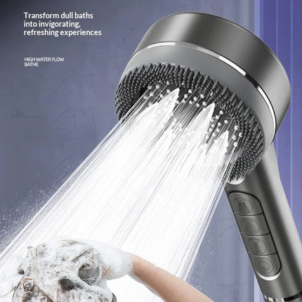 Soffione doccia autopulente a 4 modalità con spazzola in silicone, arresto acqua con un tasto, massaggio ad alta pressione, soffione in ABS con filtro