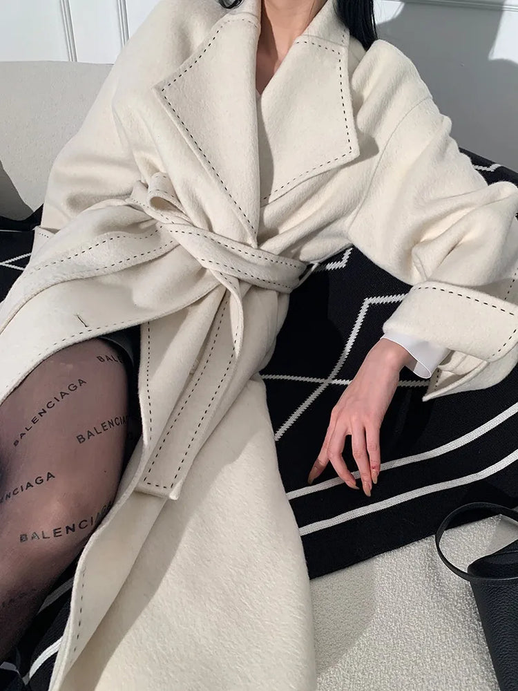 New Solid Korean Style Women Wool Coat Arch Needle Large Neck Versatile Fashion Texture Double Sided Trench Coats Female Winter