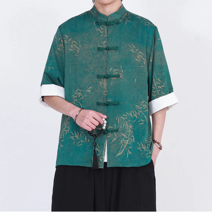 Camicie da uomo estive di lusso in jacquard con foglie di bambù, camicia a maniche corte da uomo in stile cinese tradizionale, camicia casual da uomo per Kung Fu e Tai Chi