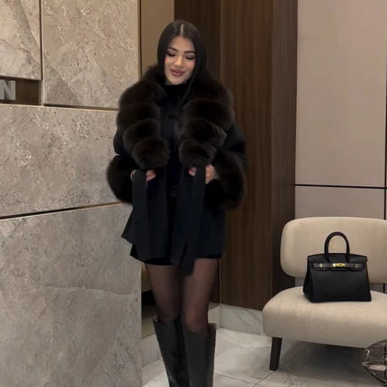 Women Wool Blend Coat Big Faux Fur Collar And Cuffs Belted Waist Wrap Loose Winter Jacket Thick Warm Elegant Lady Outerwears