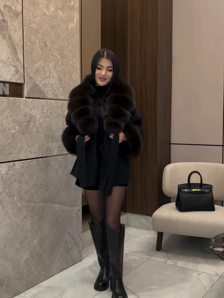 Women Wool Blend Coat Big Faux Fur Collar And Cuffs Belted Waist Wrap Loose Winter Jacket Thick Warm Elegant Lady Outerwears