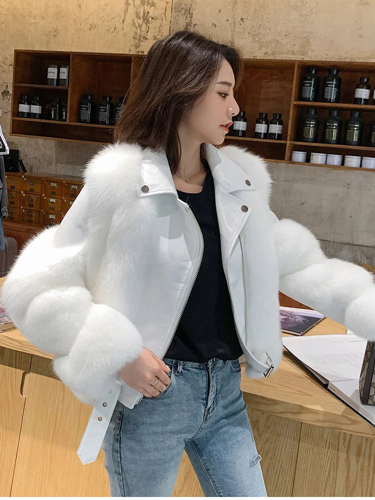 ZADORIN Top Fashion Luxury FAUX Fox Fur Coat Motorcycle PU Leather Turn Down Collar Warm Faux Fur Jacket Women Autumn Winter New