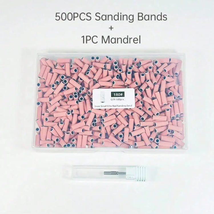 500PCS 3MM Small Mini Nail Sanding Bands With 1PC Spring Mandrel For Nail Drill #180 Grit Nail Sanding Band Bulk For Salons Manicure