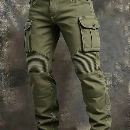 Men 100% Cotton Striped Spliced Cargo Pants Elastic Waist Multi‑Pocket Outdoor Casual Trousers Spring Autumn