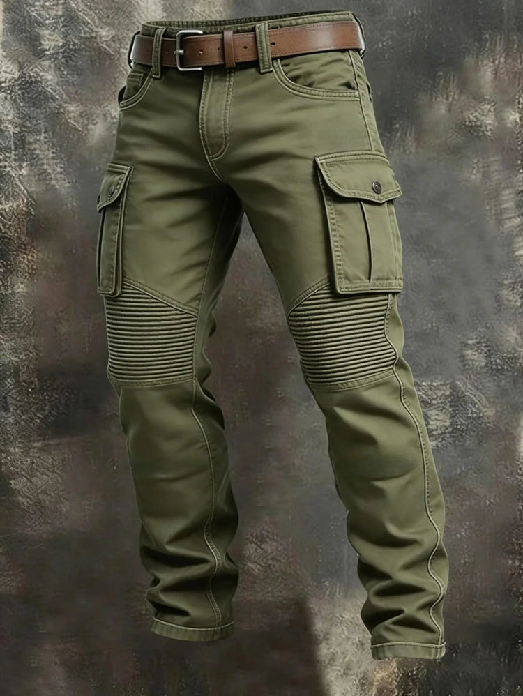 Men 100% Cotton Striped Spliced Cargo Pants Elastic Waist Multi‑Pocket Outdoor Casual Trousers Spring Autumn