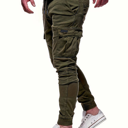 Men's drawstring loose multi pocket work pants, spring and autumn outdoor, men's work pants