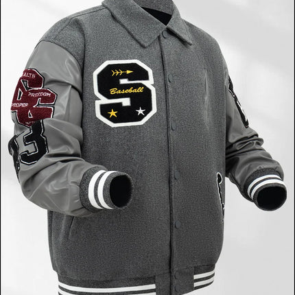 Men's Letterman Jacket Vintage Varsity Coat Patchwork Baseball Streetwear Outerwear with Faux Leather Sleeves & Fine Embroidery